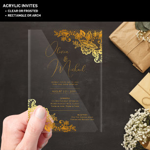 ACRYLIC Wedding Invites Gold Text Lace Elegant Invitations