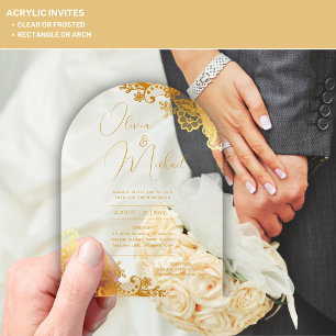 ACRYLIC Wedding Invites Gold Text Lace Elegant Invitations