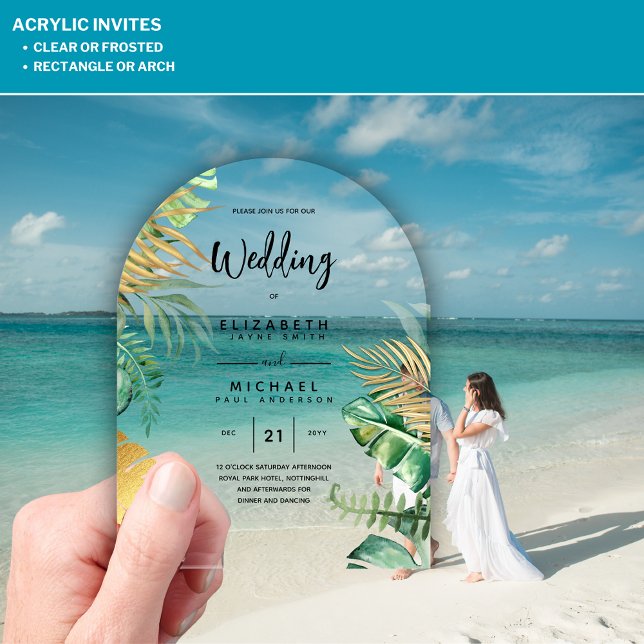ACRYLIC Wedding Invites Tropical Gold Leaf Beach Acrylic Invitations (Creator Uploaded)