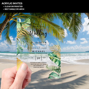 ACRYLIC Wedding Invites Tropical Gold Leaf Beach Acrylic Invitations