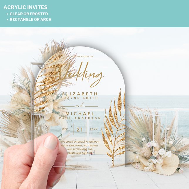 ACRYLIC Wedding Invites Tropical Gold Leaf Beach Invitations (Creator Uploaded)