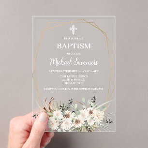 Acrylic White floral Boho Baptism Invitation