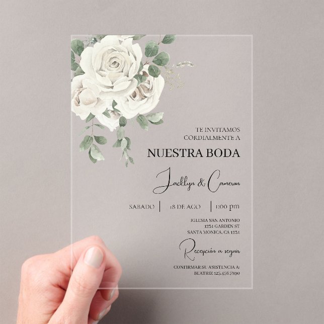 Acrylic White Floral Spanish Wedding Invitation (Insitu (Handheld))