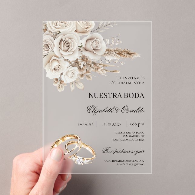 Acrylic White Floral Spanish Wedding Invitation (Insitu (Handheld))