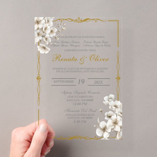 Acrylic white floral Spanish Wedding Invitations (Insitu (Handheld))