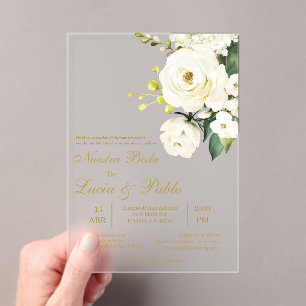 Acrylic white rose Wedding invitation in spanish