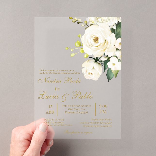 Acrylic white rose Wedding invitation in spanish (Insitu (Handheld))