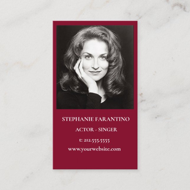 Actor Black & White Headshot Vertical Burgundy Red Business Card (Front)