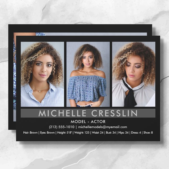 Actor Model 5.5x7.5 Zed Comp Card 3 Photo Back (Available in high quality print or digital download for quick messaging, email or self printing.)