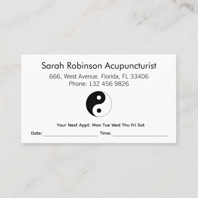 Acupuncturist Appointment  Business Card (Front)