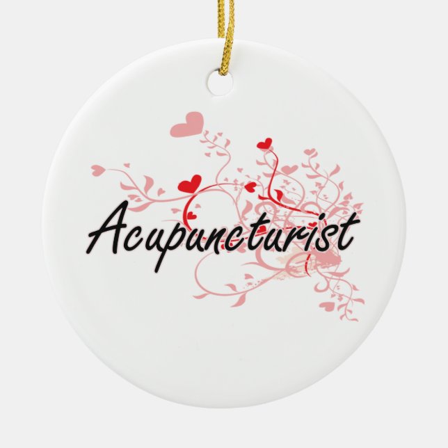 Acupuncturist Artistic Job Design with Hearts Ceramic Tree Decoration (Front)