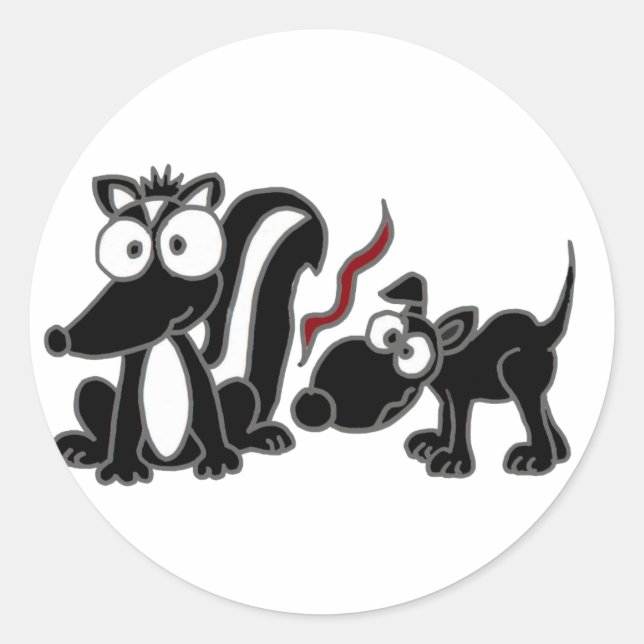 AD- Dog Sniffing Skunk Butt Cartoon Classic Round Sticker (Front)