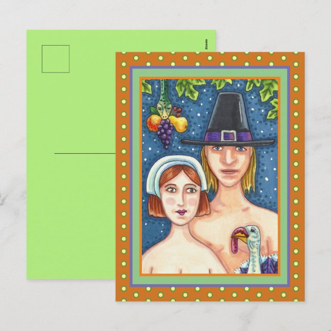 ADAM & EVE PILGRIMS, BIBLICAL WHIMSY THANKSGIVING HOLIDAY POSTCARD (Front/Back)