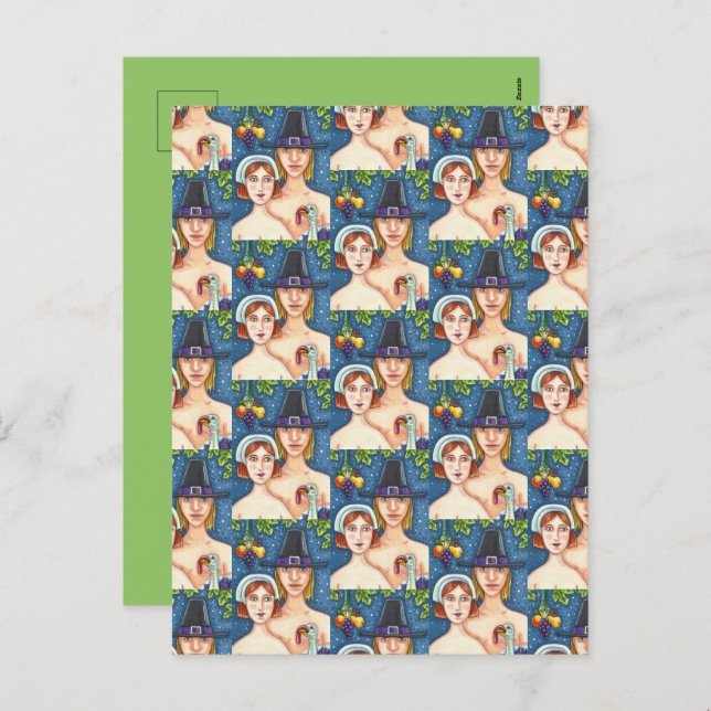 ADAM & EVE PILGRIMS, BIBLICAL WHIMSY THANKSGIVING HOLIDAY POSTCARD (Front/Back)