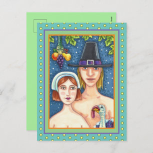 ADAM & EVE PILGRIMS, BIBLICAL WHIMSY THANKSGIVING HOLIDAY POSTCARD