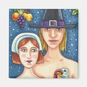 ADAM & EVE PILGRIMS, BIBLICAL WHIMSY THANKSGIVING MAGNET