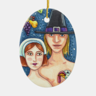 ADAM & EVE PILGRIMS THANKSGIVING KEEPSAKE CERAMIC TREE DECORATION