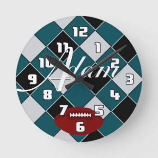 Adam Football Green Black Silver Checked Clock