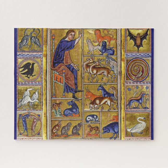 ADAM NAMING ANIMALS,MEDIEVAL BESTIARY,DEERS,LIONS  JIGSAW PUZZLE (Horizontal)