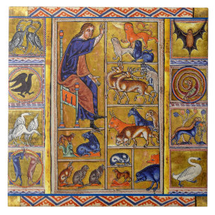 ADAM NAMING ANIMALS,MEDIEVAL BESTIARY,DEERS,LIONS TILE
