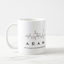 Mug featuring the name Adam spelled out in the single letter amino acid code