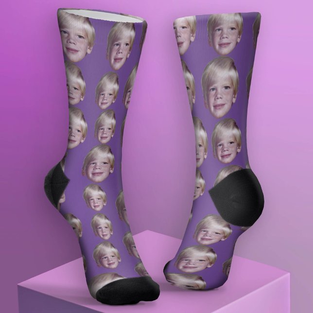 Add 1 Floating Head Photo - Random Pattern purple Socks (Custom Face Socks - Add Your Photo)