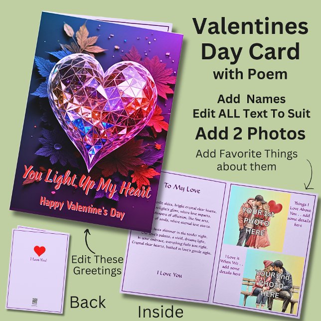 Add 2 Photo's Crystal Heart Valentine Love Poem Card (Creator Uploaded)