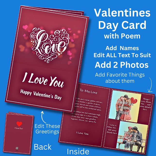 Add 2 Photo's Dark Red Valentine Heart + Love Poem Card (Creator Uploaded)