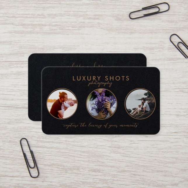 Add 3 Photos Gold Premium Black Signature Business Card (Front/Back In Situ)
