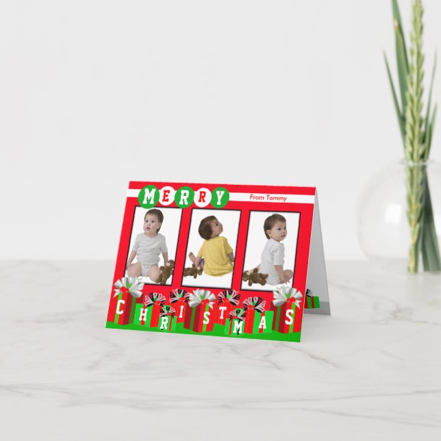 Add 3 Photos In One Merry Christmas Card Red Gift (Front)