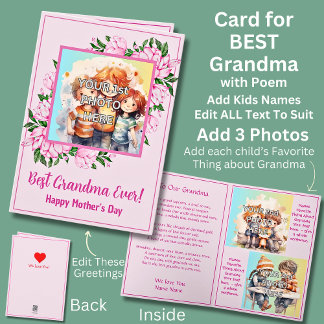 Add 3 Photo's, Pink Best Grandmother, Poem, 2 Kids Card