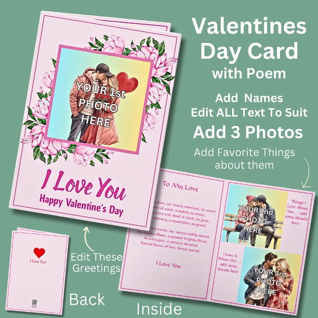 Add 3 Photo's, Pink Valentine Day with Love Poem Card (Creator Uploaded)