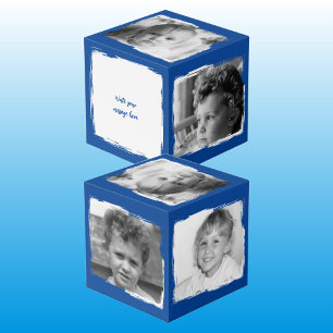 Add 4 images customise words blue white photo cube