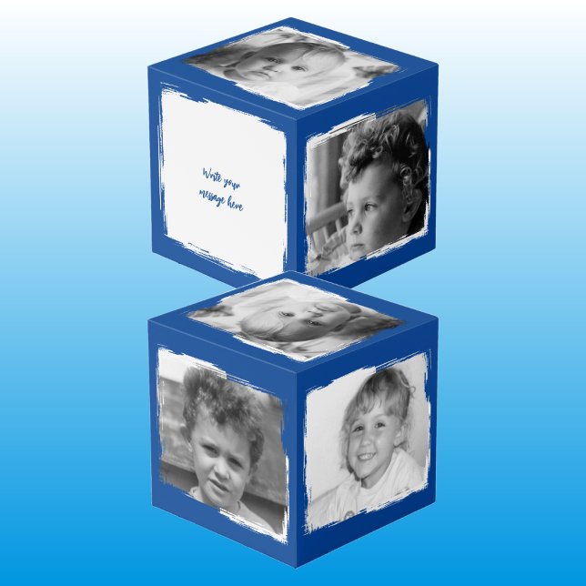 Add 4 images customise words blue white photo cube (Creator Uploaded)