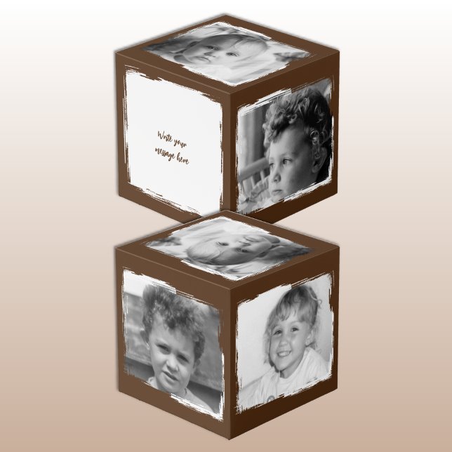 Add 4 images customise words brown white photo cube (Creator Uploaded)