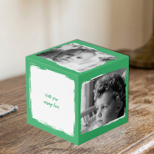 Add 4 images customise words green white photo cube