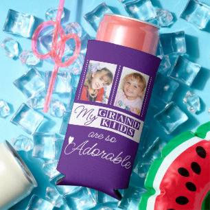 Add 4 photos adorable grandkids purple white seltzer can cooler