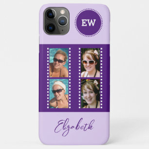 Add 4 photos initials and name purple and white iPhone 11 pro max case