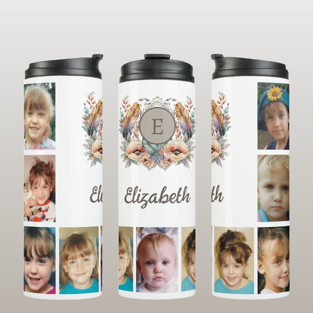 Add a name initials 9 photo floral brown thermal tumbler (Creator Uploaded)