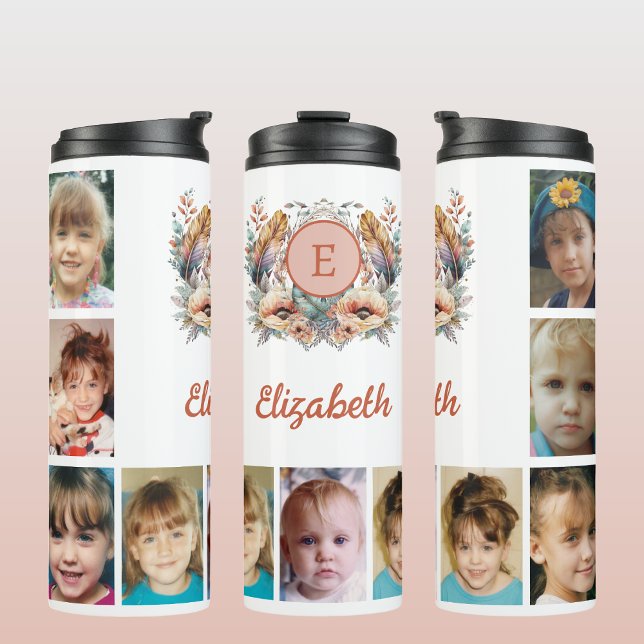 Add a name initials 9 photo floral orange thermal tumbler (Creator Uploaded)