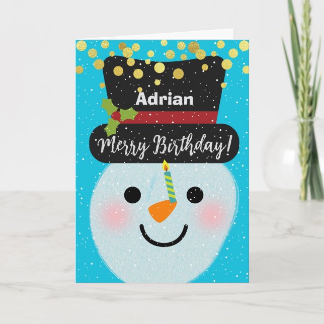 Add a Name Merry Birthday Cute Cute Snowman Card (Front)