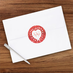 Add A Name Monogram Coral Glitter White Heart Classic Round Sticker