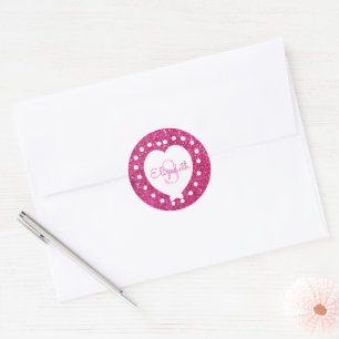 Add A Name Monogram Pink Glitter White Heart Classic Round Sticker