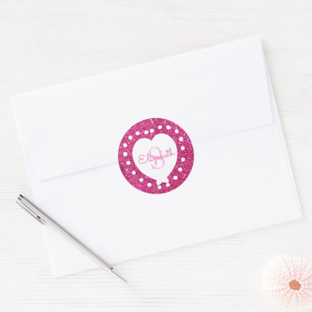 Add A Name Monogram Pink Glitter White Heart Classic Round Sticker (Envelope)