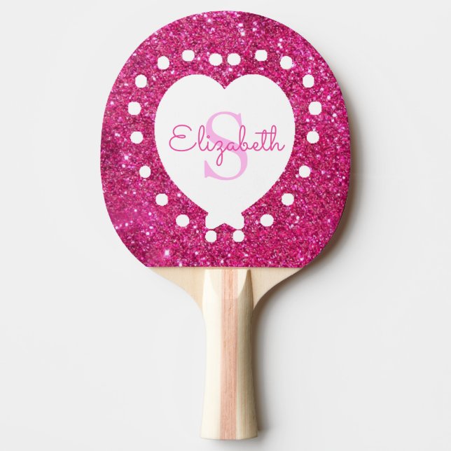 Add A Name Monogram Pink Glitter White Heart Ping Pong Paddle (Front)
