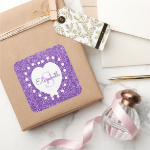 Add A Name Monogram Purple Glitter White Heart Square Sticker
