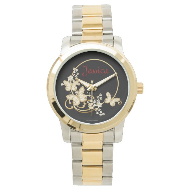 Add a name watch with gold butterflies and flowers (Front)
