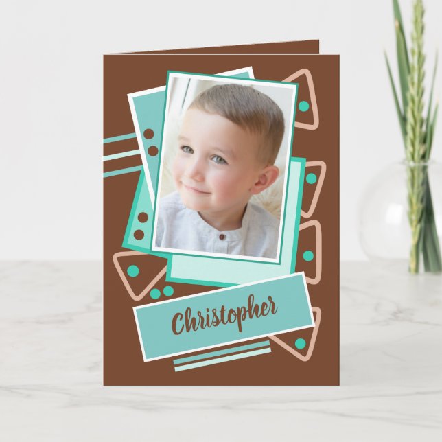 Add a photo name brown mint little boy birthday card (Front)
