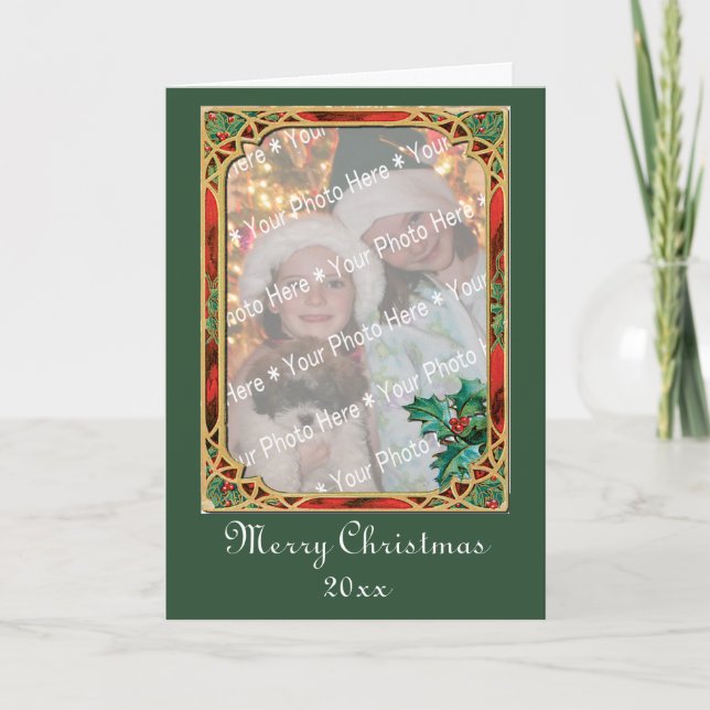 Add-A-Photo Stained Glass Frame with Holly Leaves  Holiday Card (Front)