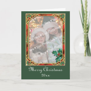 Add-A-Photo Stained Glass Frame with Holly Leaves Holiday Card